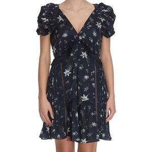 Self-Portrait - navy star printed above knee, ruched short sleeve dress sz 6